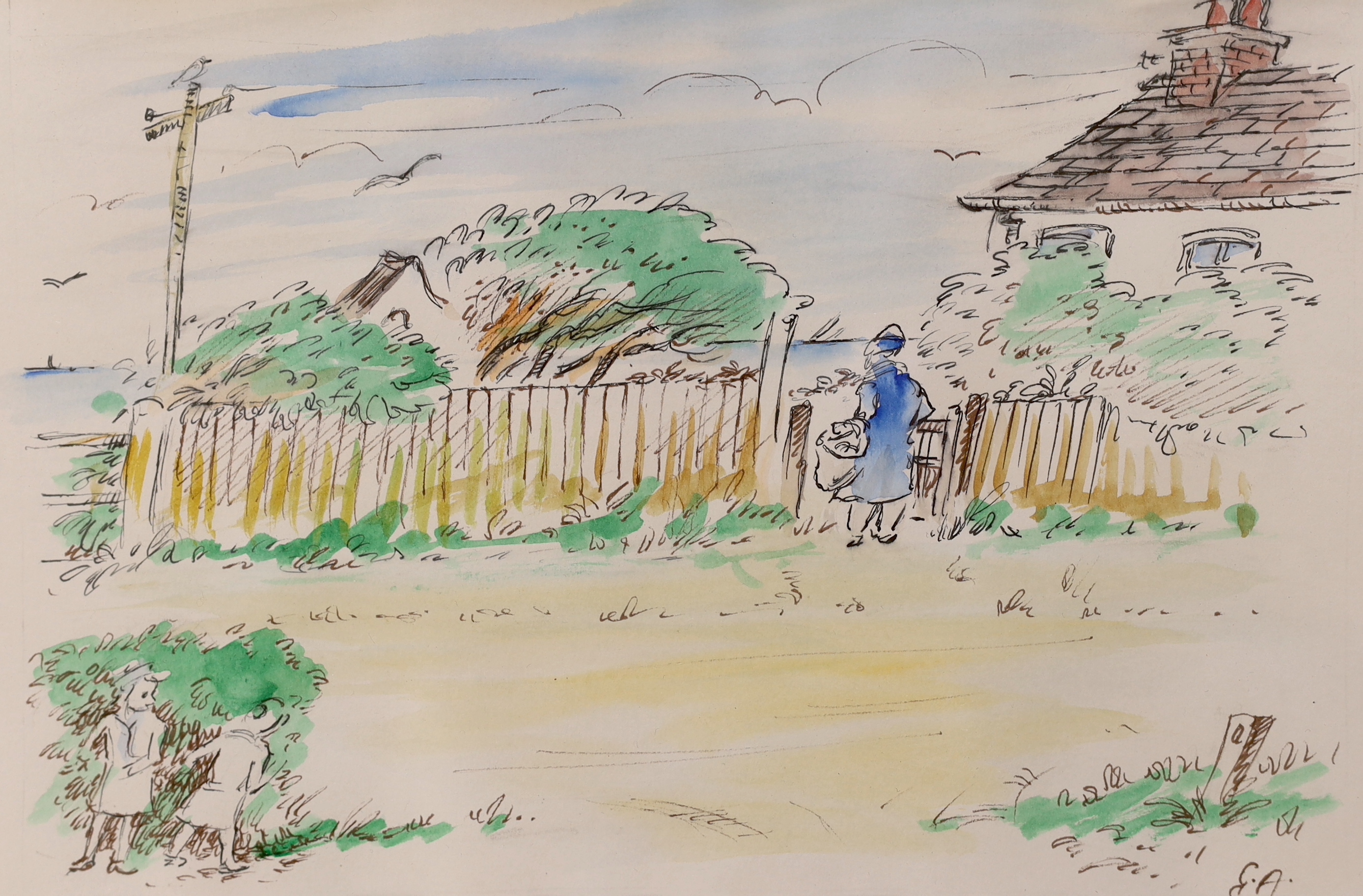 Edward Ardizzone (1900-1978) ink and watercolour, Garden scene with three figures, initialled, inscribed verso Kingsdown, Deal, c.1970, 27 x 18cm